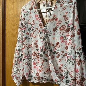 Sheer Floral Balloon Sleeve, Wrap style Blouse Sz L